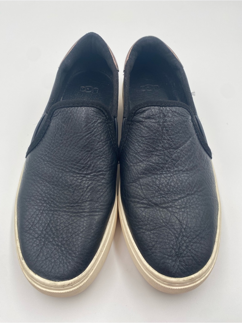 UGG Women’s Black Leather Slip-On Loafers with Metallic UGG on heel size 8